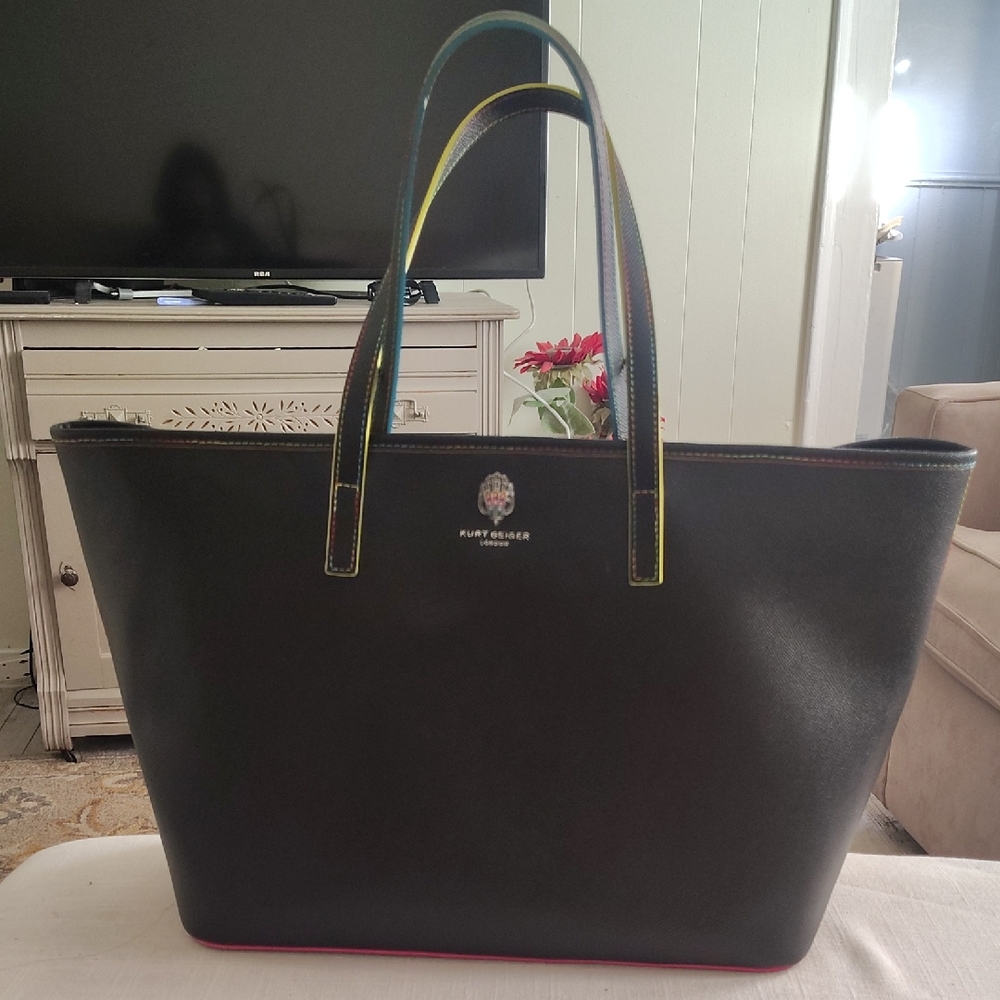 Kurt Geiger Chelsea Shopper Black Learger Tote with Rainbow Accents